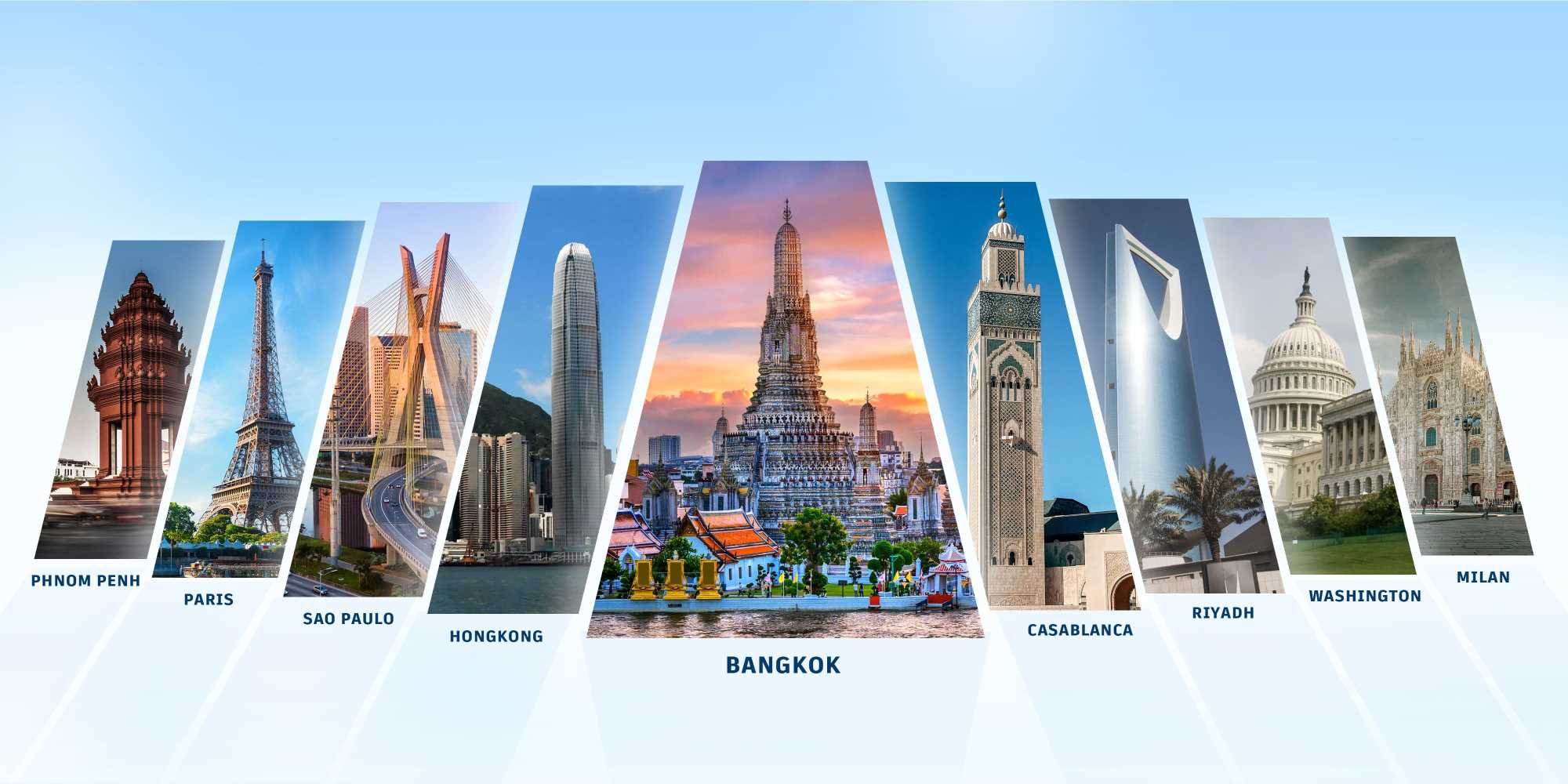 France AJ Holding global offices and landmarks representing international presence — Paris, Bangkok, Casablanca, Hong Kong, Riyadh, Washington D.C., and Milan
